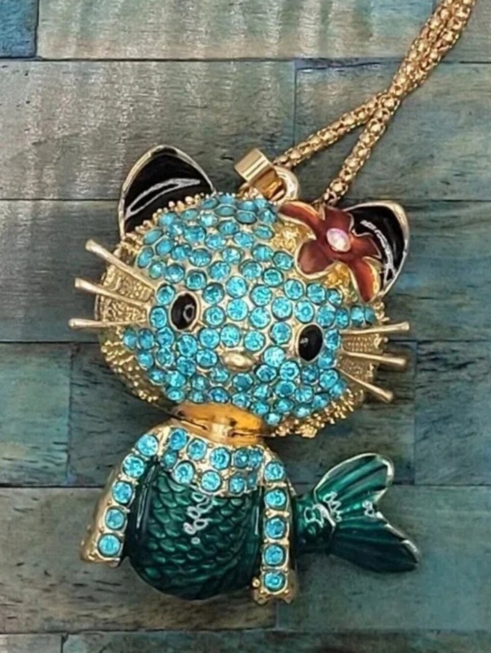 Large Turquoise Crystal Kitty Mermaid Pendant Necklace